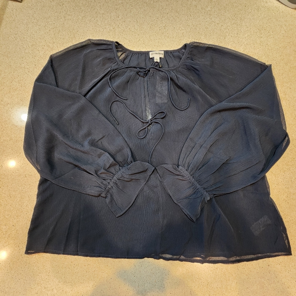 Navy Blue Womens Large Flowy Top Sheer Bows The Drop Nwt